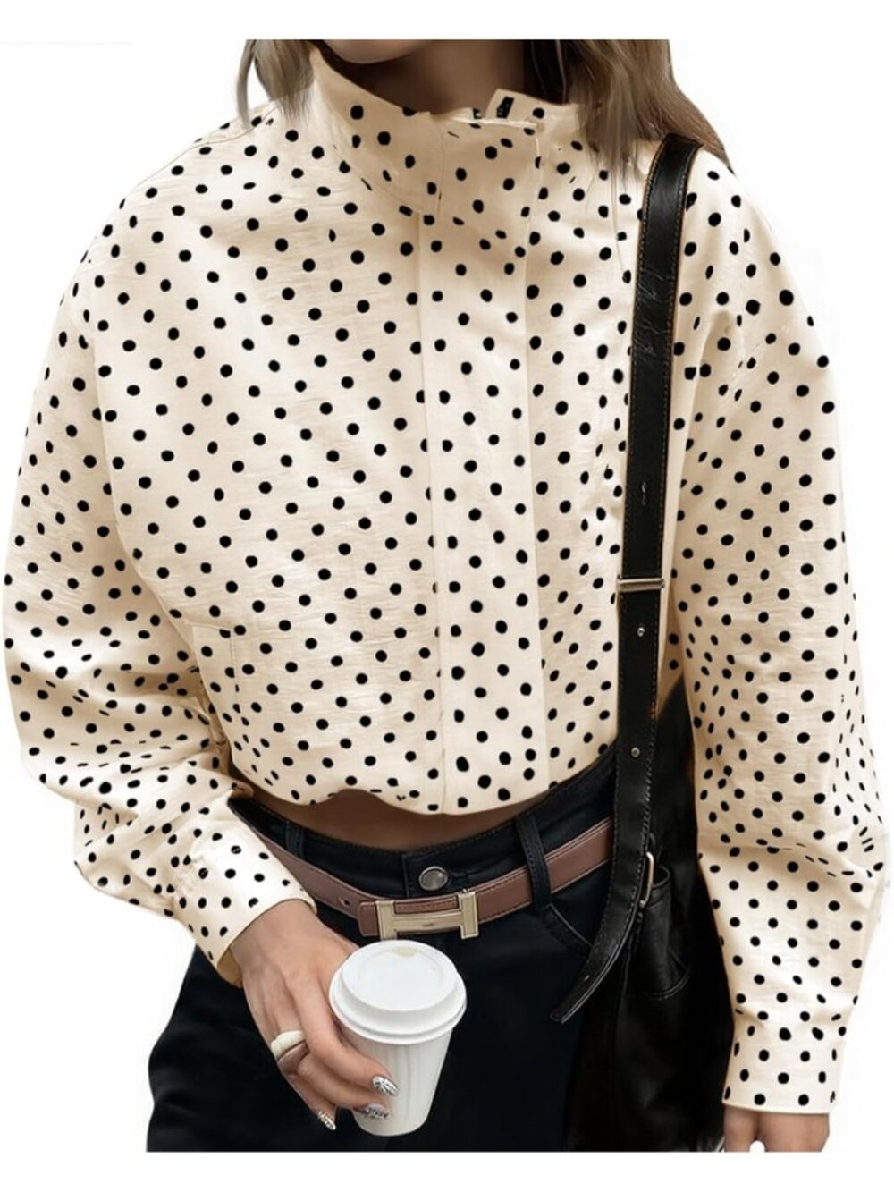 Women’s Beige Polka Dot Lightweight Lapel Collar Coat ZIP Up Cropped Jacket